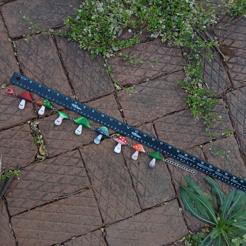 Whimsical Mushroom Necklace in Green, Blue & Red - Picture 7 of 8